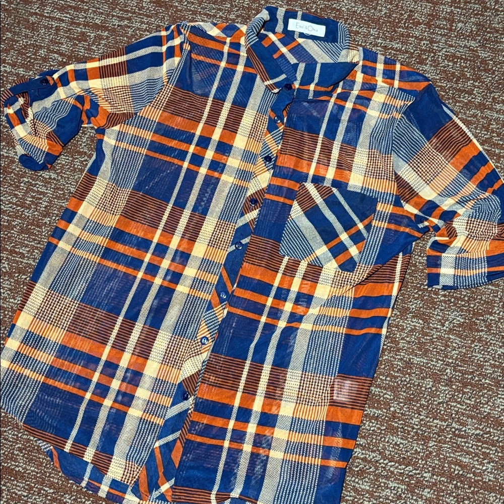 Eden & Olivia blouse sheer stretch button down collared shirt navy/ orange plaid